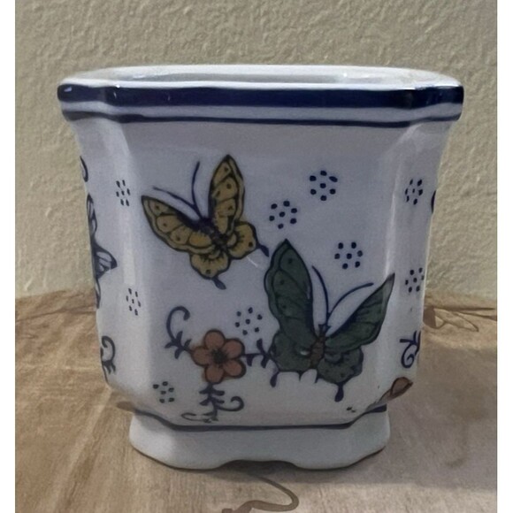 Vintage Chinoiserie Floral Butterflies Ceramic Hand Painted 4" Indoor Planter - Picture 9 of 12